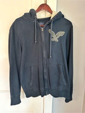 American Eagle Outfitters Dark Navy Full-Zip Hoodie with Eagle Patch